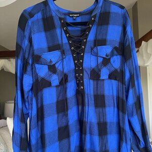 Express Women's Blue & Black Check Lace Up blouse